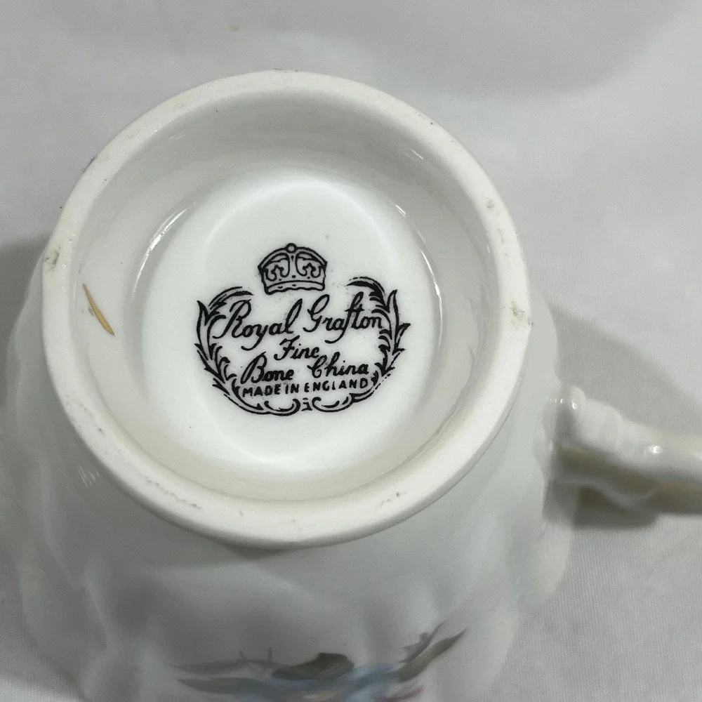 Royal Grafton Tea Cup Saucer Set White Blue Floral Gold Trim England
